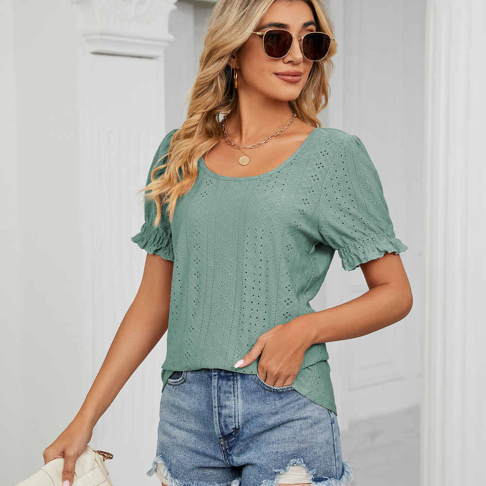 Ebay fashion cross-border export  summer  new arrival pure color cut out princess sleeve u-neck short sleeve tops women