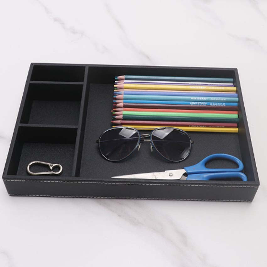 Desktop multi-purpose leather stationery storage tray PU material four-grid storage box pencil case with grid tray