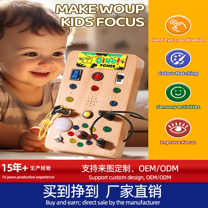 Early educational busy board for toddlers and young children, ages 3-6, new wood grain design with led lights, power button, red and green colors, cross-border lighting fixture