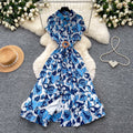 French chic vintage print collared dress - women's summer slimming, figure-flattering, high-waisted, elegant maxi dress