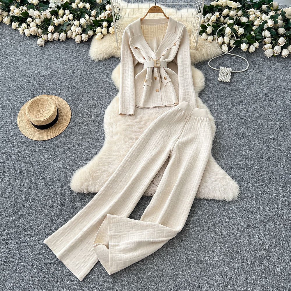 European chic: elegant and high-end strappy waist blazer-style knit top with high-waisted wide-leg pants