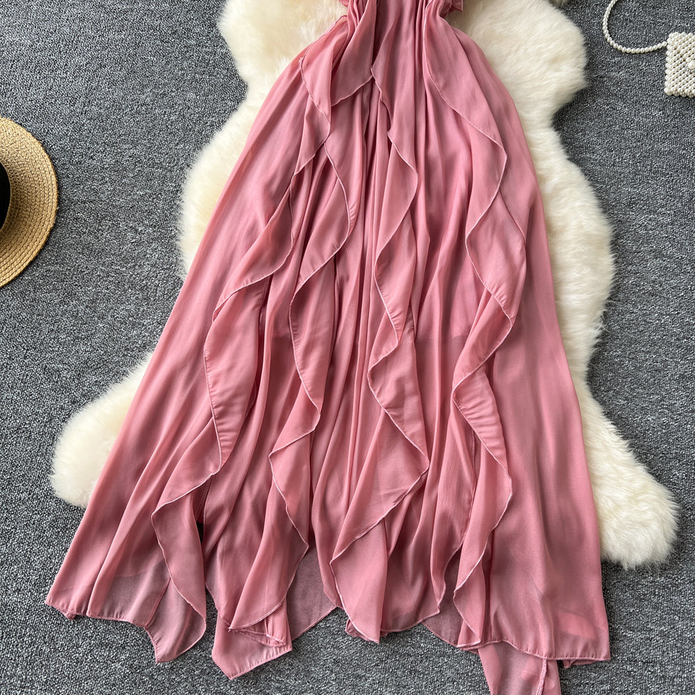 Sweet and spicy girl's vacation dress - beach cover-up, sexy v-neck halter, high-waisted ruffle hem, open back maxi dress
