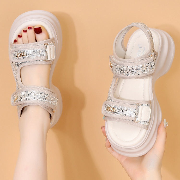 Women's athletic sandals - 2026 summer new arrival: height-increasing, chanel-inspired, sweet & spicy, velcro closure, sequined, casual chunky sole beach sandals