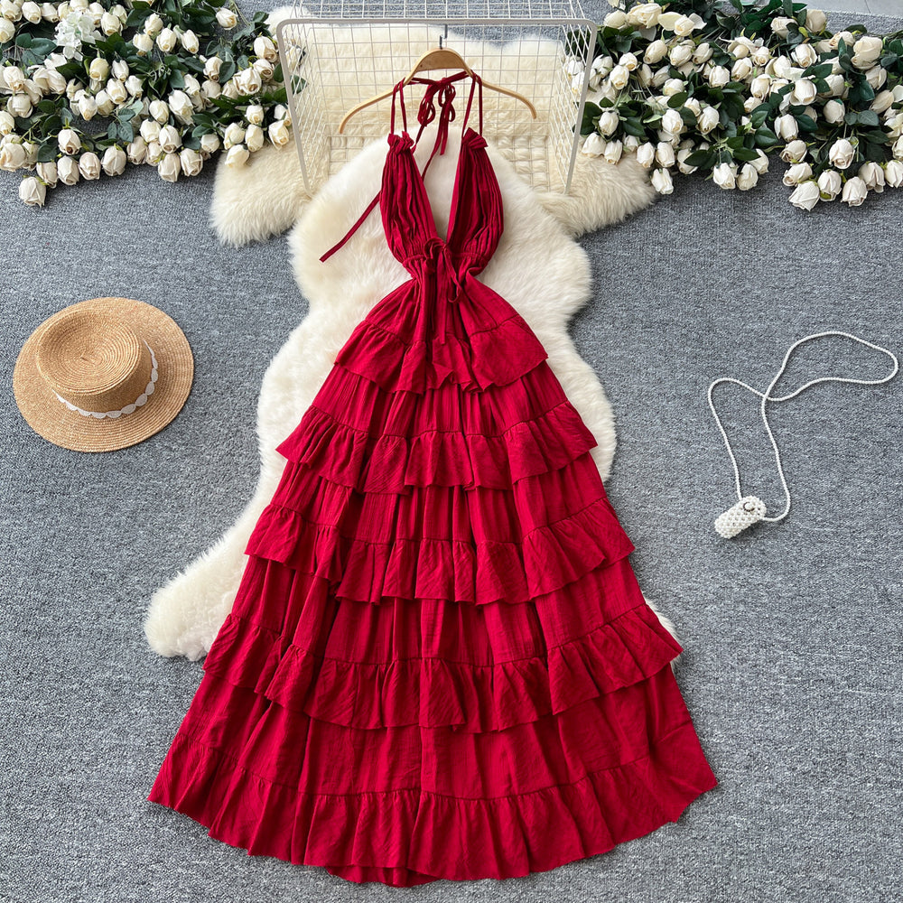 Luxury european and american style halter neck slip dress - women's summer deep v tie-waist exquisite high-end tiered maxi dress