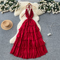 Luxury european and american style halter neck slip dress - women's summer deep v tie-waist exquisite high-end tiered maxi dress