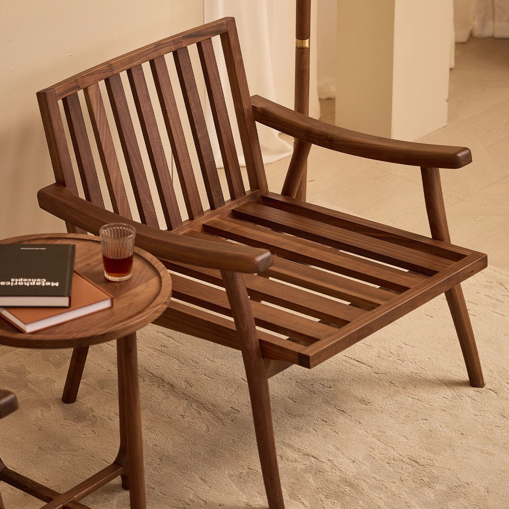 Genuine leather solid wood single sofa chair - minimalist armchair for study, living room, walnut finish - designer accent chair