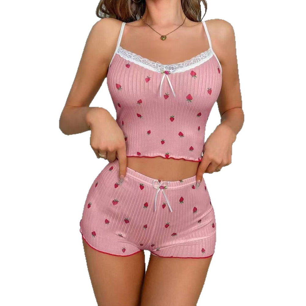 Bestselling european and american pajamas: ribbed print loungewear set with bowknot lace trim - sexy cami top and shorts two-piece set