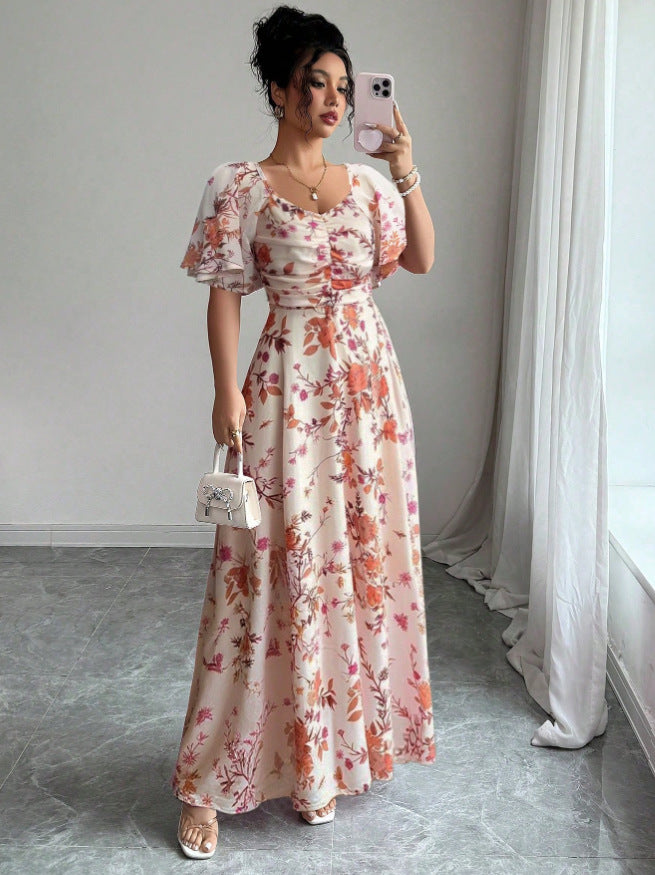 summer print long french floral slimming maxi dress