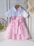 new arrival: girls' european & american style color block bow print a-line dress