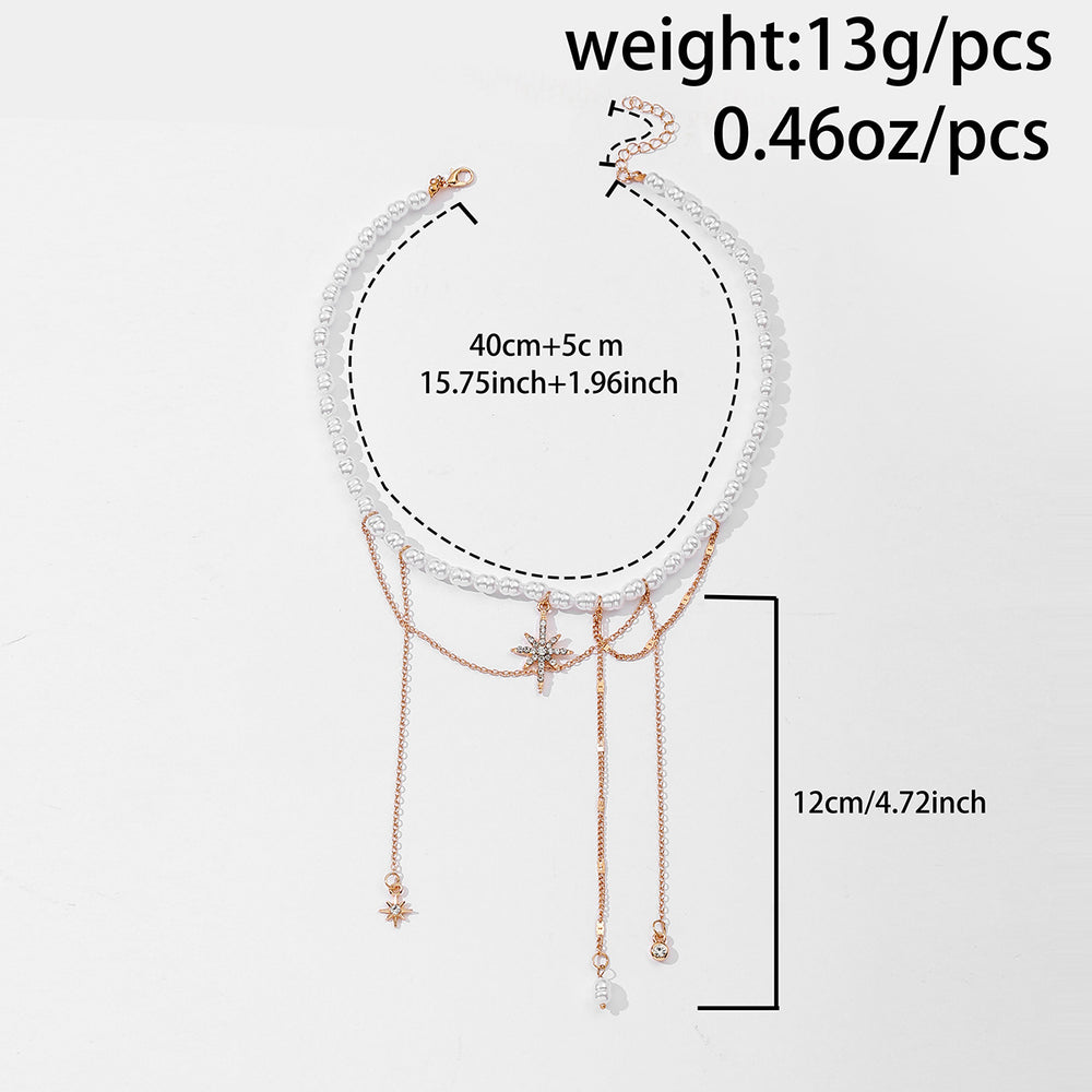 Bohemian pearl necklace wholesale fashion cross-border hot style jewelry stylish tassel alloy six-pointed clavicle chain for women