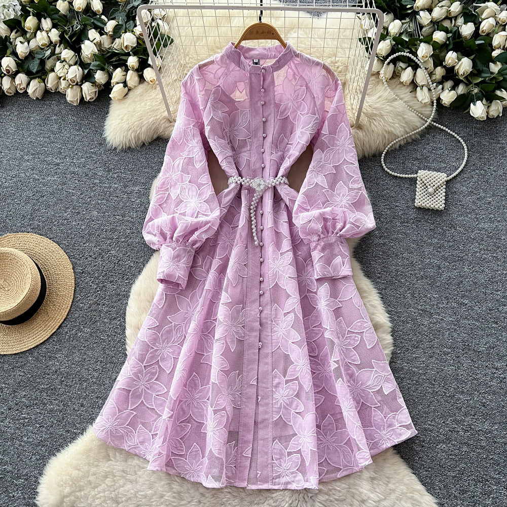 French retro court style heavy embroidered hollow-out round neck single-breasted lantern sleeve tie-waist elegant dress