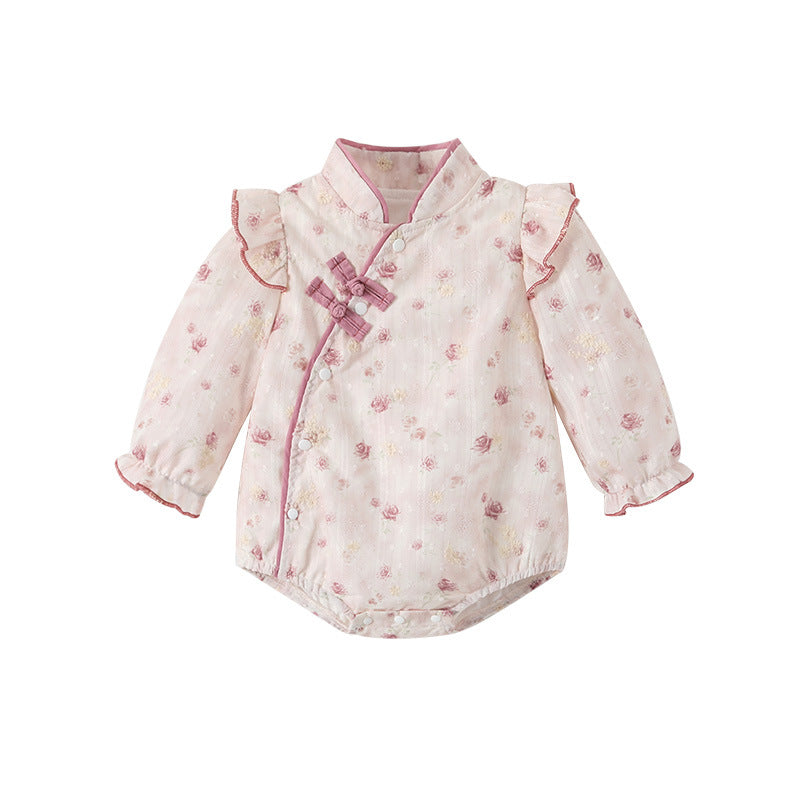 New chinese style baby romper - autumn outfit for baby girls - floral print, frog closures, flutter sleeves, spring/autumn long-sleeve bodysuit