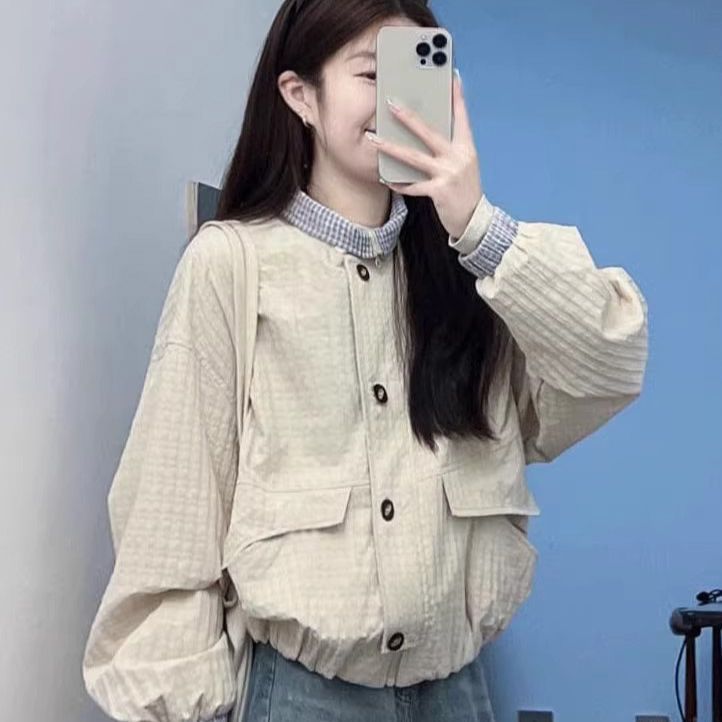 Retro loose contrasting coat women's 2025 early spring high-end niche design stand-up collar plaid short jacket top