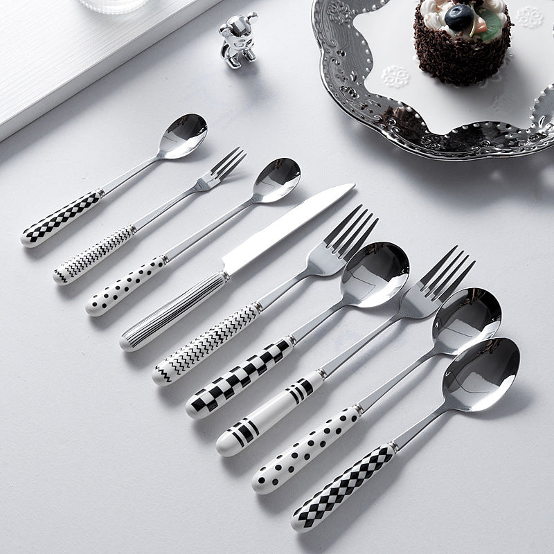 Minimalist ceramic handle cutlery set - polka dot design stainless steel tableware - creative, high-value steak knife and fork wholesale
