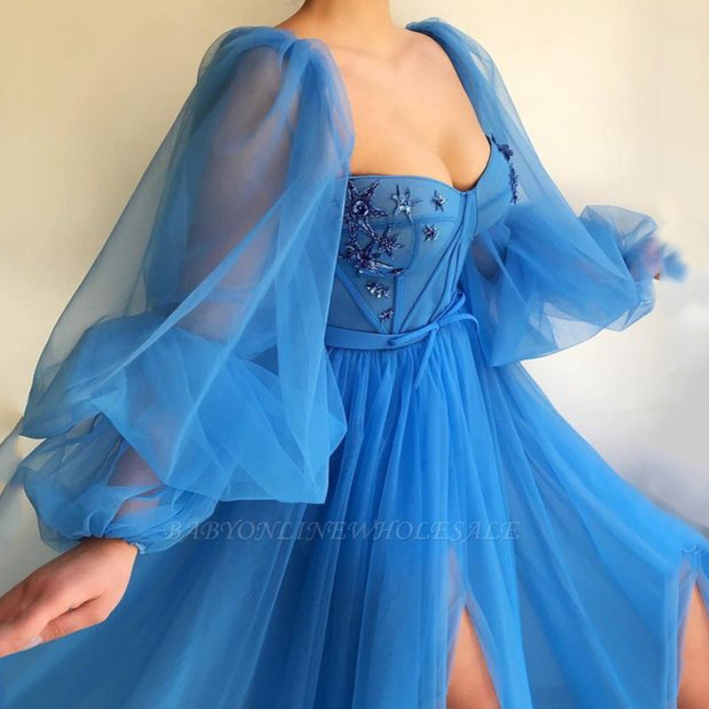 spring/summer new arrivals: european and american style one-shoulder mesh long-sleeve dress - wedding gown/large swing maxi dress