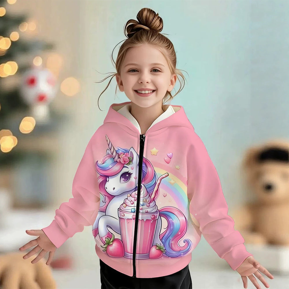 Kids' hoodie jacket, cross-border hot seller: cute cartoon print fashion zip-up hoodie for girls, dropshipping available