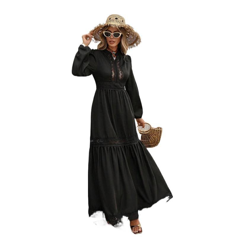 Export1688  fashioncasualpure color daily lace lace long sleevesdress