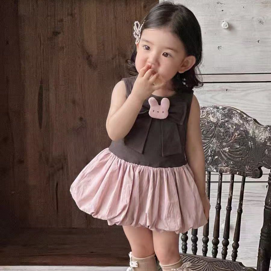 Summernew arrivaldress soft cute style girl pink and white contrast colorlace collar bows flower bud skirt girl vest skirt