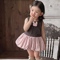 Summernew arrivaldress soft cute style girl pink and white contrast colorlace collar bows flower bud skirt girl vest skirt