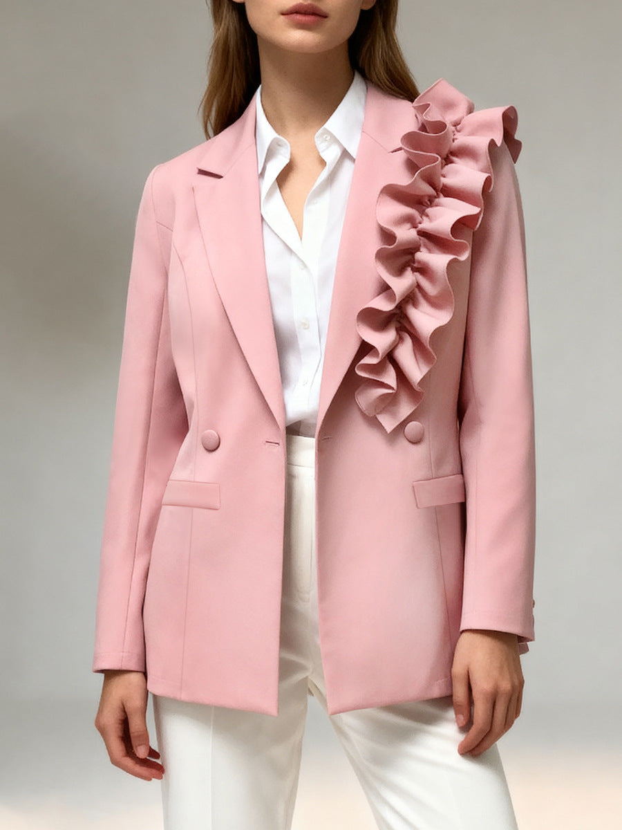 European and american style 3d ruffle blazer - slim fit, figure-flattering, chic workwear design, designer blazer top