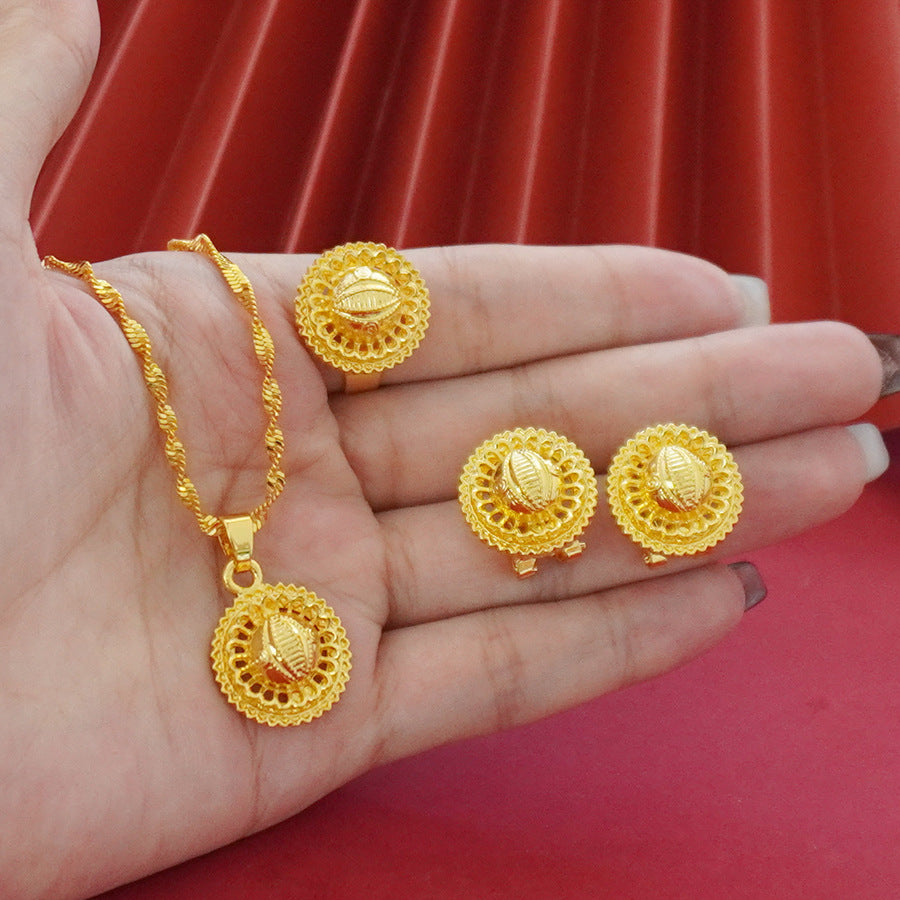 Wholesale cross-border middle eastern hollow design gold-plated necklace, pendant, earrings, and ring three-piece jewelry set