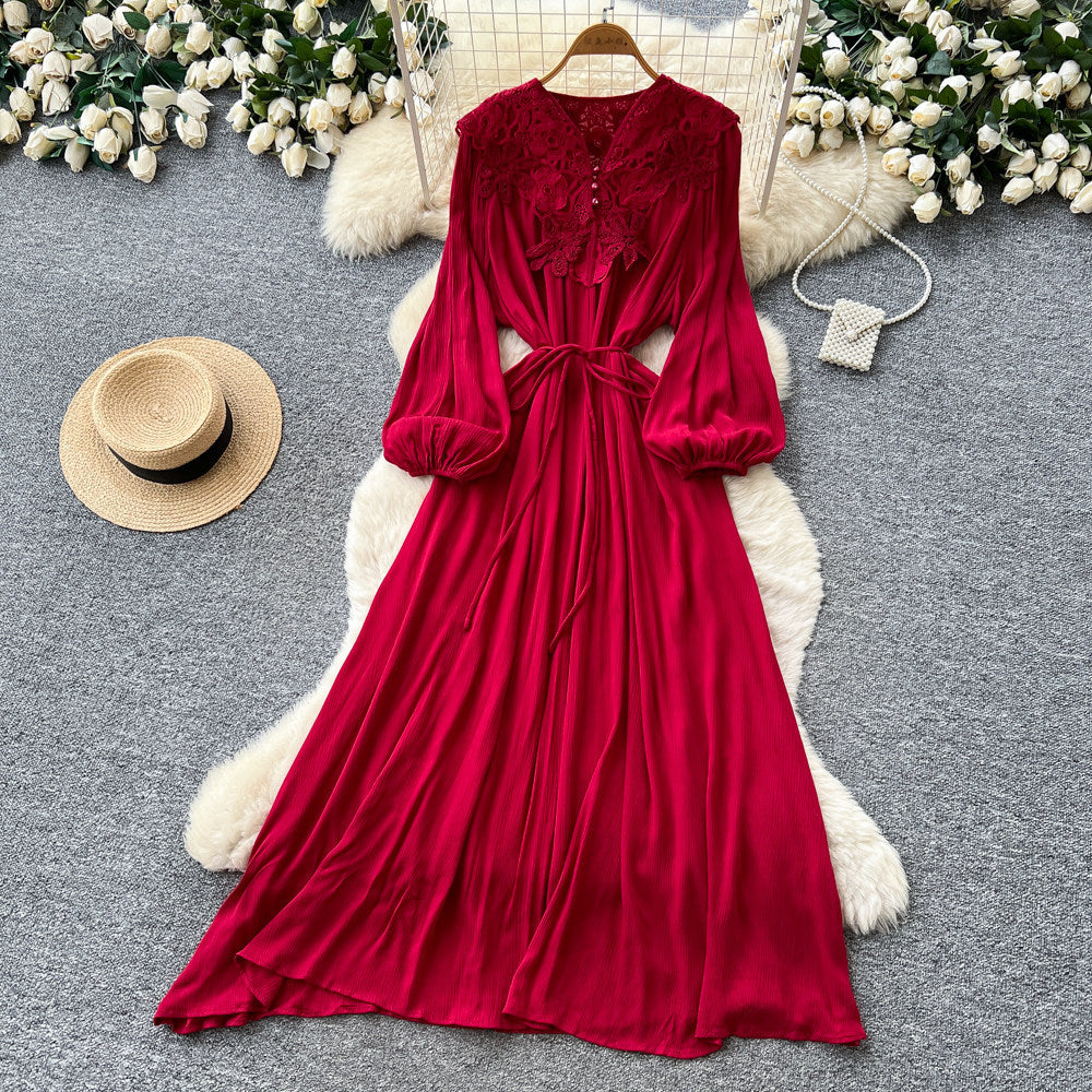 Retroelegance style lantern sleeve v necklacepatchworkdress female k-style waist slimming lookelegant long skirt