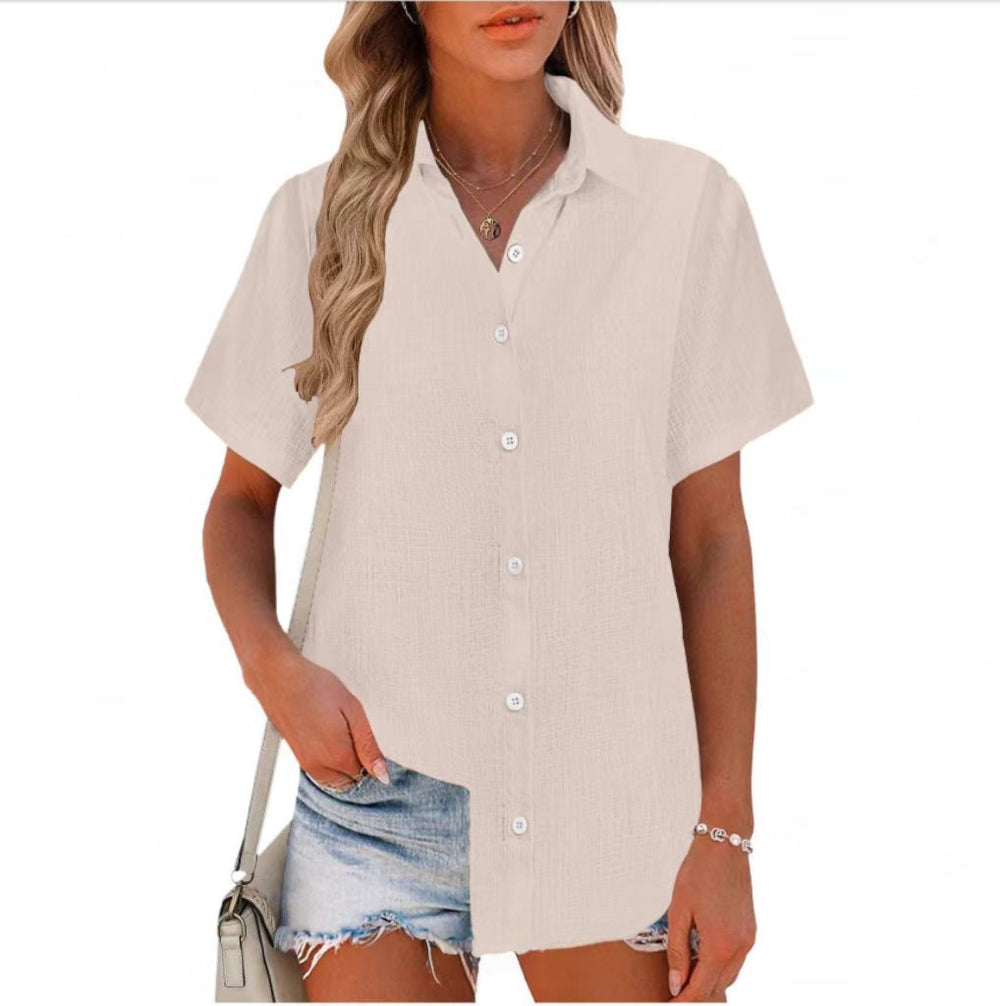 european and american cross-border  summer new arrival: women's solid color cotton linen short-sleeve shirt