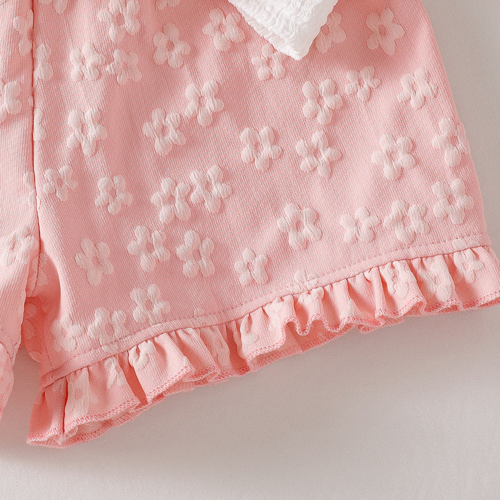 Girls' tulip crochet ruffle trim tank top and floral shorts two-piece set - summer korean style casual outfit for kids - trendy