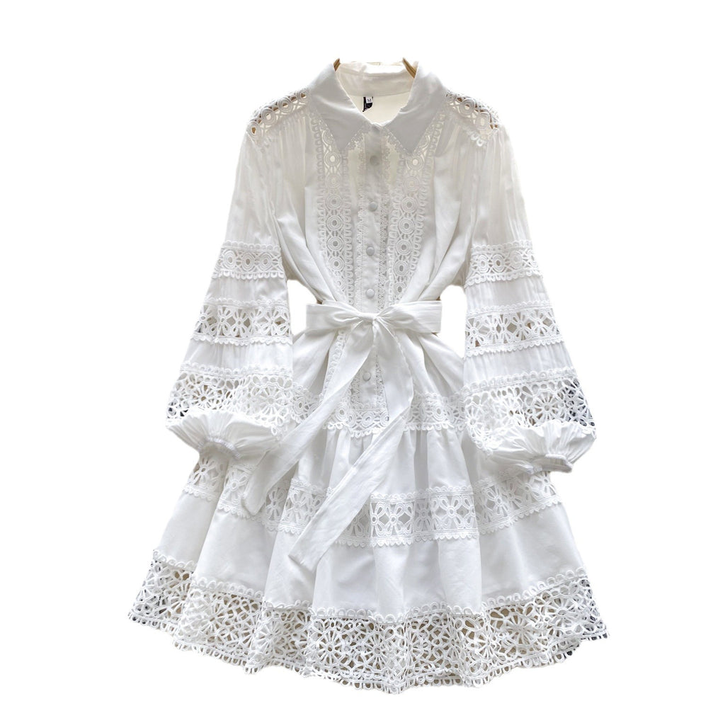 Palace style dress women's frenchretrocut outembroiderlacepatchwork lantern sleeve single breasted waist a-line skirt