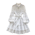 Palace style dress women's frenchretrocut outembroiderlacepatchwork lantern sleeve single breasted waist a-line skirt