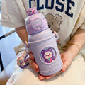 High-value 316 stainless steel food-grade cute cartoon double-drink straw water bottle gift for kids (plush toy design)