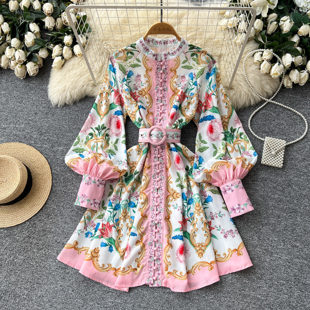 Palace style v neck lantern sleeve printingdress women's spring summerk-style waist slimming look floral a-line skirt work clothing