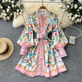 Palace style v neck lantern sleeve printingdress women's spring summerk-style waist slimming look floral a-line skirt work clothing
