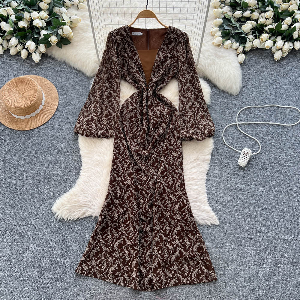 French chic v-neck patchwork lantern sleeve printed dress - slim fit, elegant, long mermaid skirt