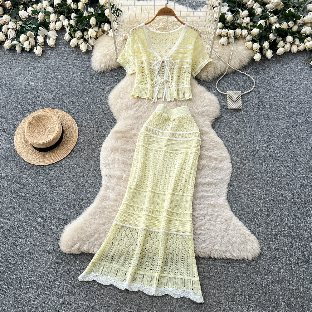 Korean style commute outfit: women's summer knitted two-piece set - v-neck tie-up slim fit suit with white color block stripes