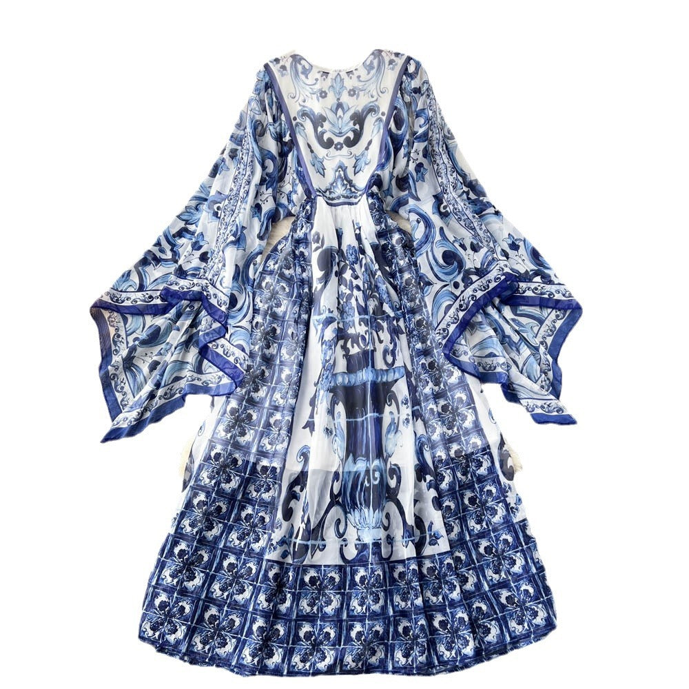 Dress autumn clothing new arrival2022niche style sense of designfashion resort style retroprinting bell sleeves chiffon long skirt
