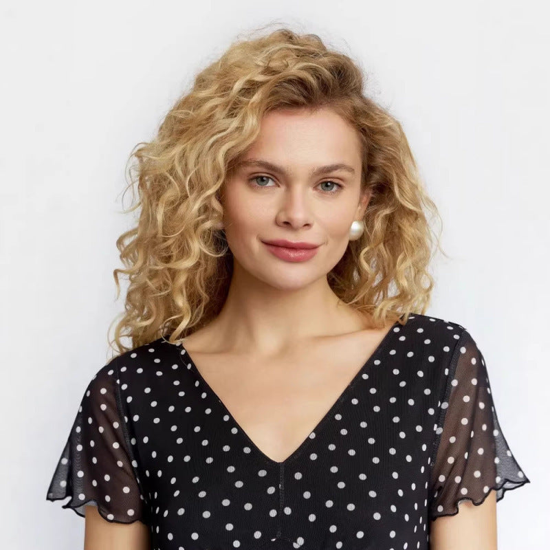 Amazon eleganceelegantcasualv neck polka dot dress women's summernew arrivalslimming looka line skirt