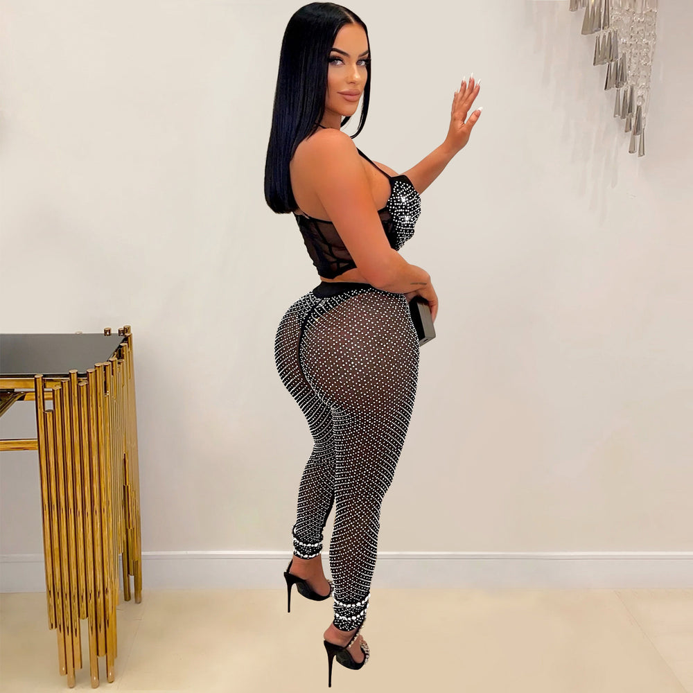 C6540 cross-border   fashion women's solid color mesh rhinestone suspender pants two-piece set