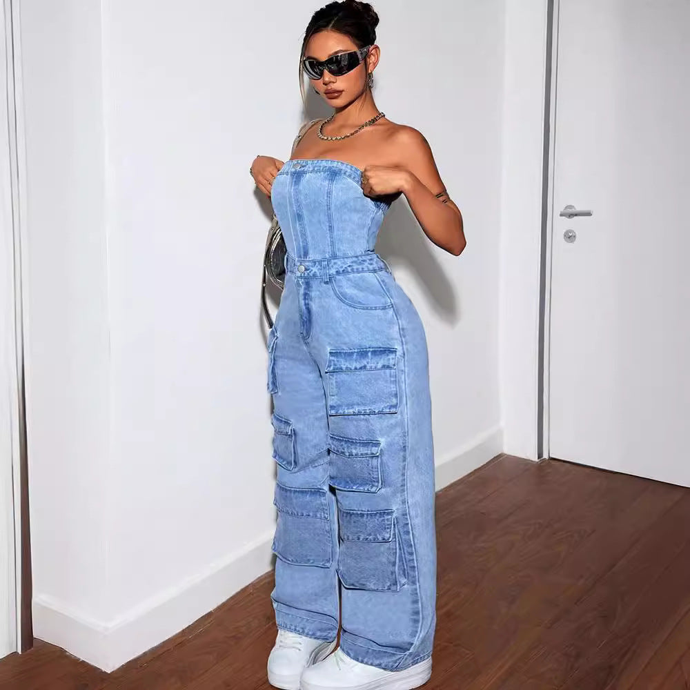 European and american style denim jumpsuit -  cross-border women's fashion hot girl bandeau multi-pocket cargo pants