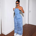 European and american style denim jumpsuit -  cross-border women's fashion hot girl bandeau multi-pocket cargo pants