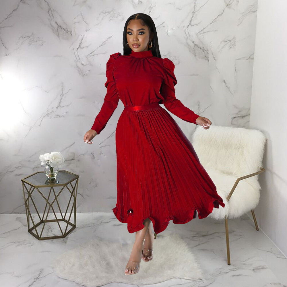 Q102 independent station cross-border women's winter puff sleeve topsruffles pleated skirt two-piece setfashionsuit