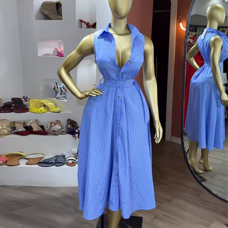 European and american cross-border women's fashion:  autumn new arrival - elegant sleeveless blue striped tie-waist shirt dress