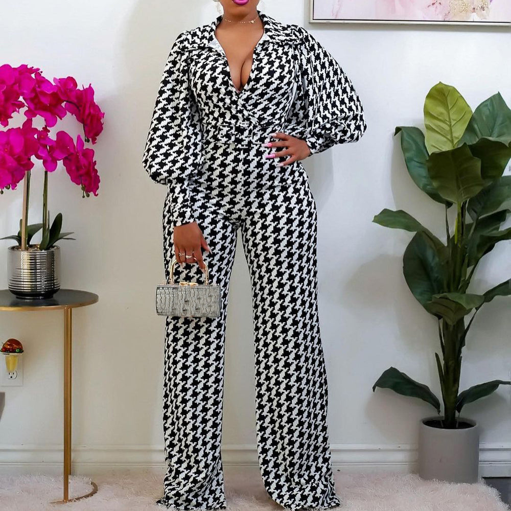 C8442 european and american clothing spring  elegant lantern high waist straight-leg printed wide-leg cross-border african jumpsuit