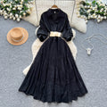 French chic lantern sleeve patchwork midi dress with embroidered mesh detail - summer luxury women's dress