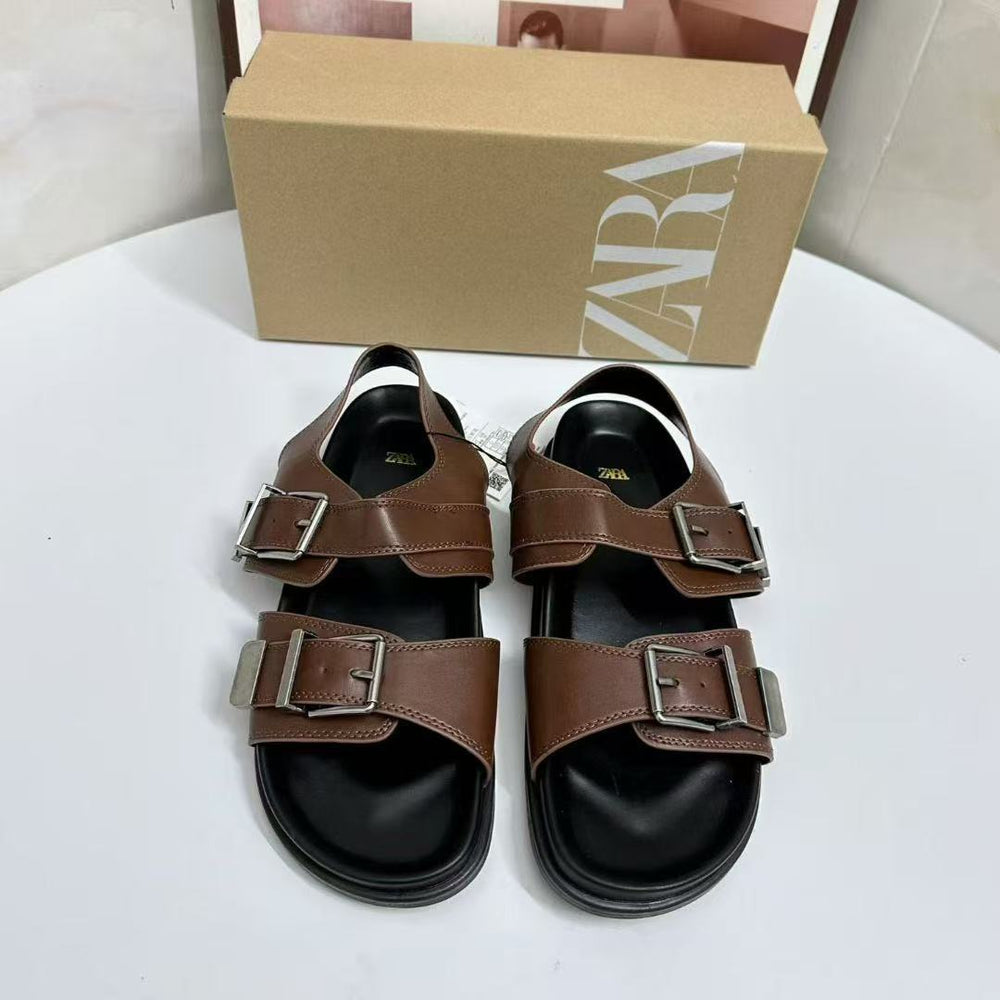 Za2025 new arrival lazy thick sole metal buckle bobo sandals for women 2025 new arrival summer genuine leather easiest for match beach shoes