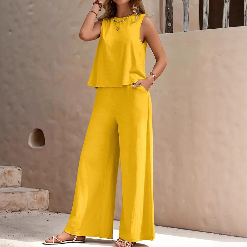 fashion cross-border best sellingpure colorelegancetwo-piece set round neck vest and loose pants suit women's clothing
