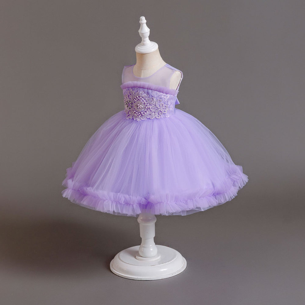 Ready-to-ship new children's formal dress: pearl-embellished tulle princess gown for baby girls, perfect for first birthday photoshoots and special occasions. kids dress