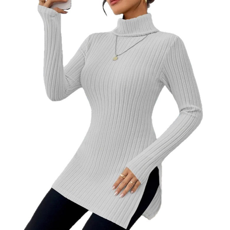 European and American  new women's turtleneck jumper, split-ended slim-fit bottoming shirt, pit striped medium and long top T-shirt