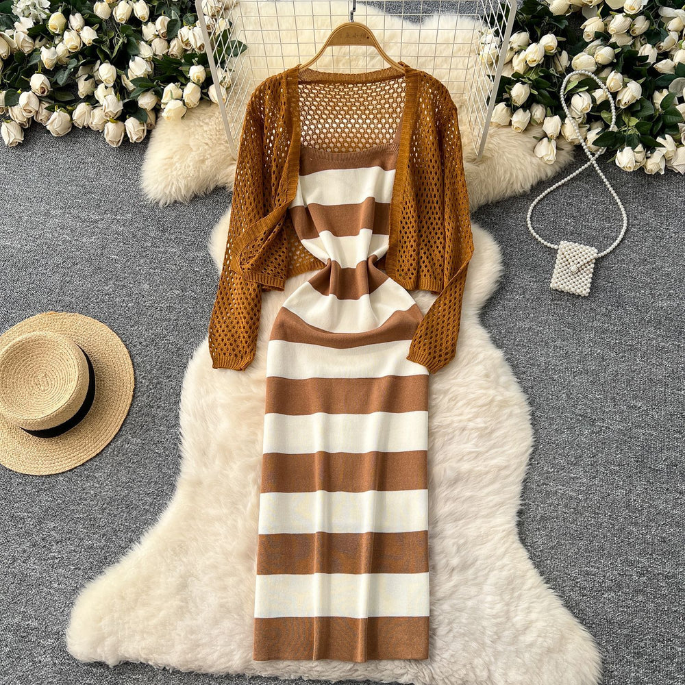 Striped knit cami dress + crochet openwork sun protection cardigan set - chic & elegant summer outfit for women
