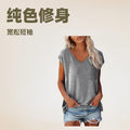 Amazon fashion women's cap sleeve vest summer cross-border v neckpure colorcasualloose short sleeve